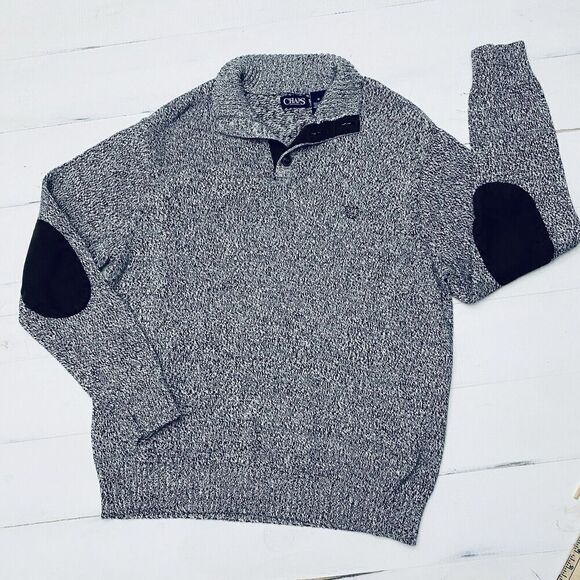 Chaps Black White Chunky Knit 1/4 Button Elbow Patches Sweater Mens Size Med - Picture 1 of 12
